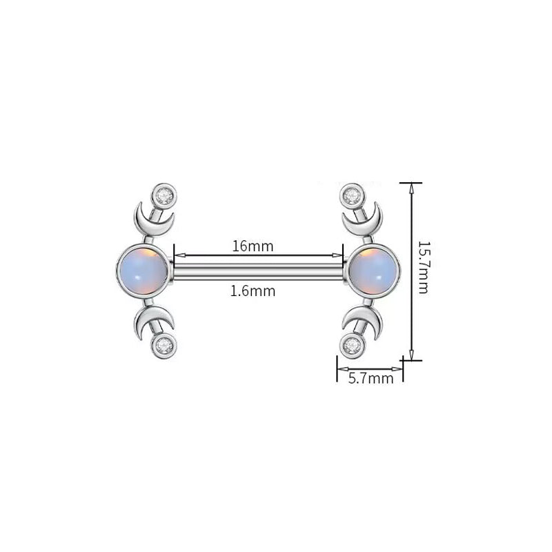 A product sizing diagram of the moon nipple ring showing a 1.6mm bar thickness, 16mm bar length, and 15.7mm decorative end height.