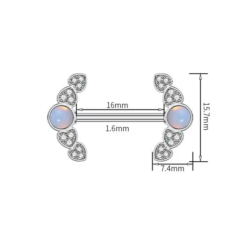 Dimension breakdown image of the nipple ring showing a 1.6mm bar thickness, 16mm bar length, and 15.7mm decorative end height.