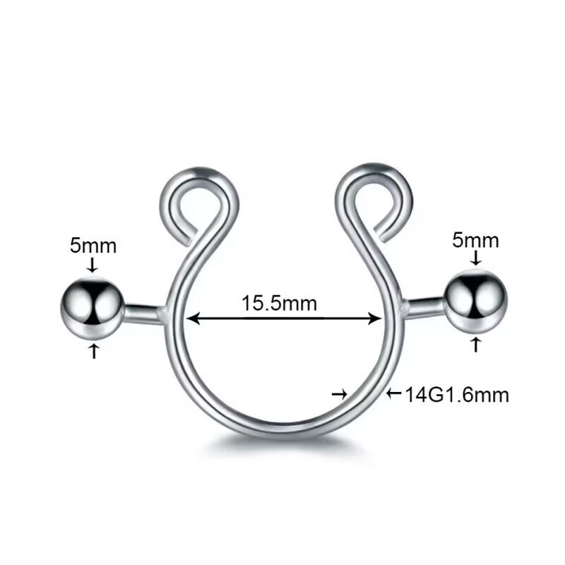 Size specifications chart for the adjustable faux nipple ring showing 14G 1.6mm thickness and 15.5mm inner diameter.