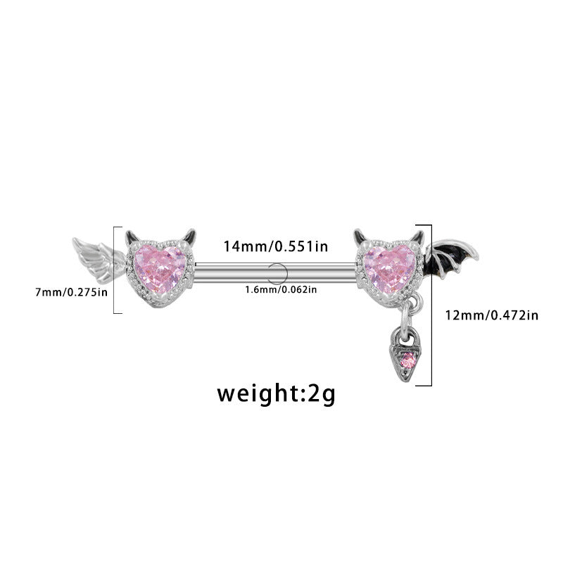 Dimensional diagram of a 14G nipple barbell showing 14mm length and 7mm heart crystal size.