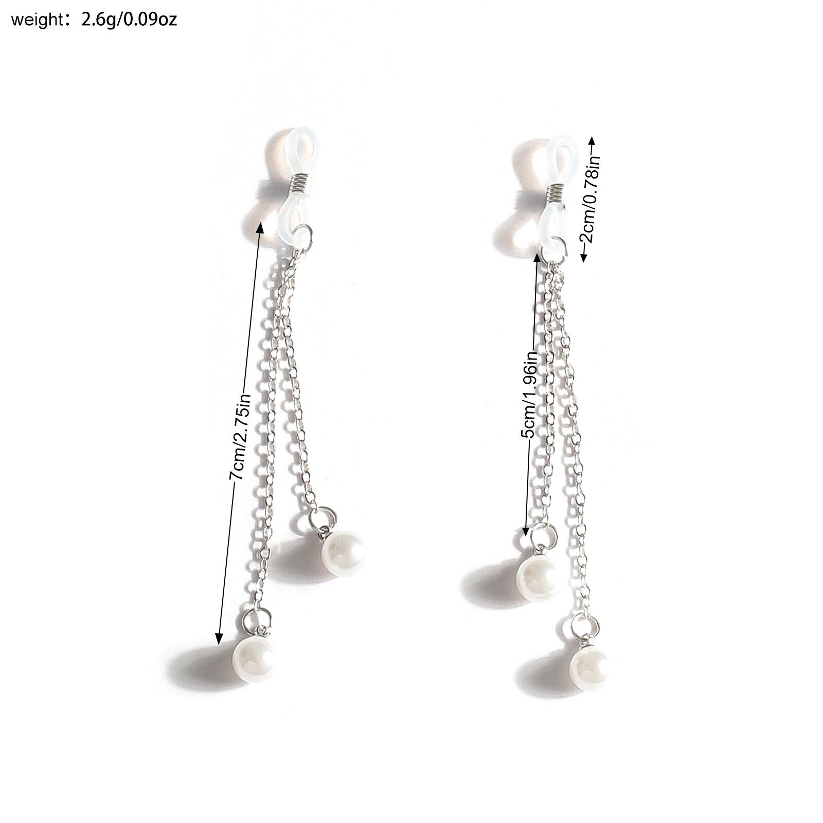 Size chart for the adjustable pearl nipple chain showing total length of 7cm, 2cm adjustable loop, and a lightweight specifications of 2.6g.