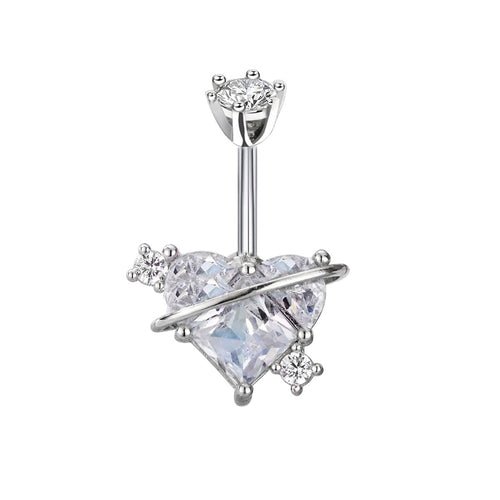 A clear heart-shaped crystal planet navel ring with a silver finish base, showing a front view on a white background