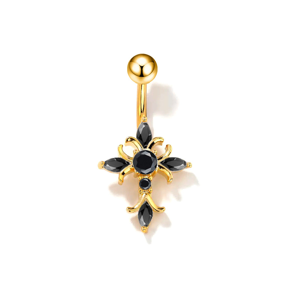 Stunning gold-toned gothic cross belly ring with deep black crystal embellishments, ideal for grunge and alt fashion