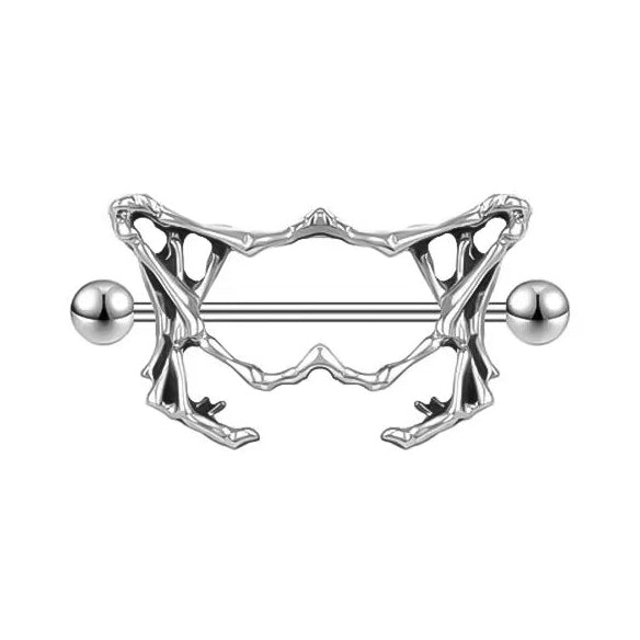 Single silver-toned pelvis bone nipple shield piercing with straight barbell on a white background.
