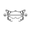 Single silver-toned pelvis bone nipple shield piercing with straight barbell on a white background.
