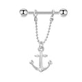 Front view of a silver anchor dangle nipple barbell on a white background