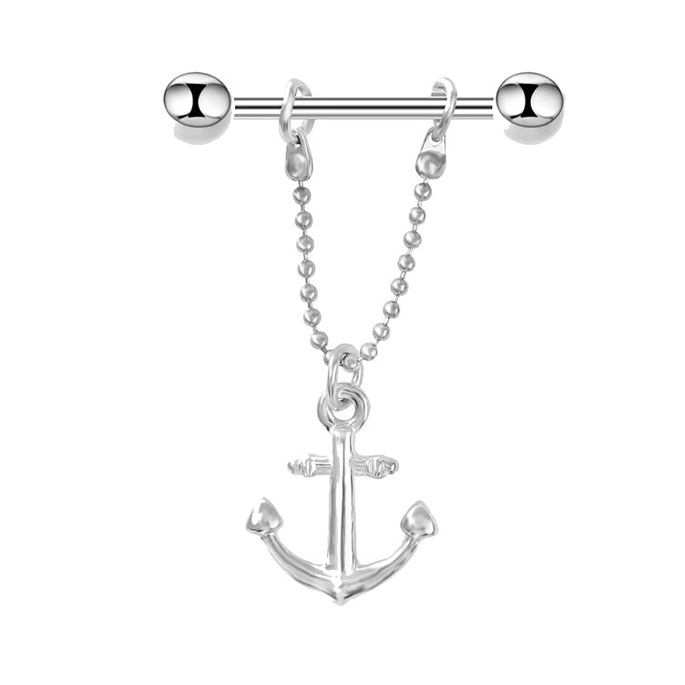 Front view of a silver anchor dangle nipple barbell on a white background