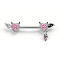 Side-by-side view of an angel and devil themed nipple barbell with pink heart crystals on a white background.