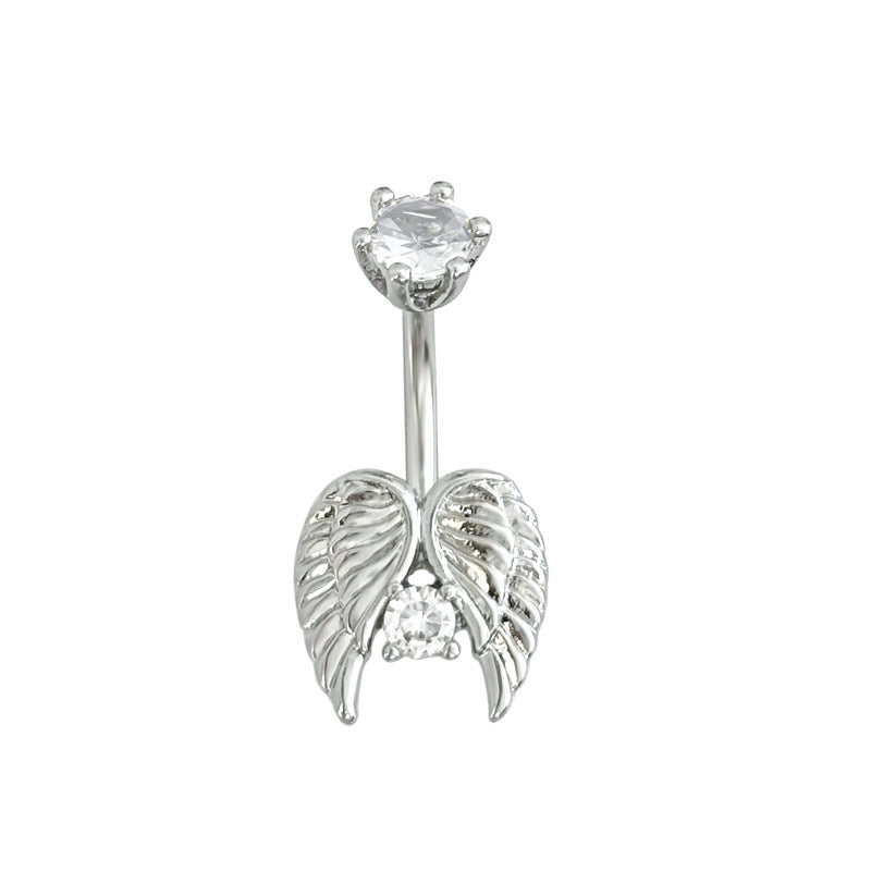 Silver tone curved navel piercing ring with a detailed angel wing pendant holding a sparkling clear round crystal