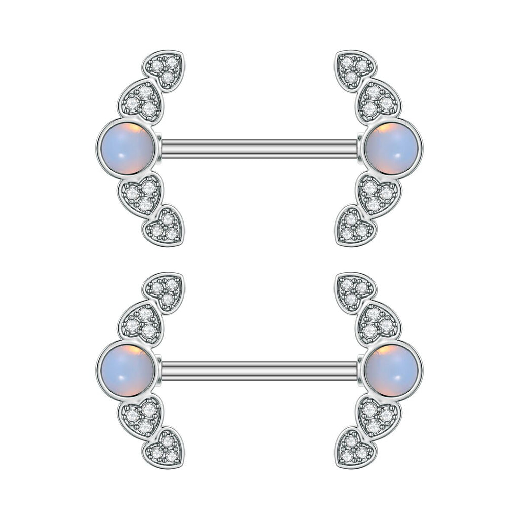 A matching pair of angelic style nipple barbells with iridescent simulated opals and shimmering crystal heart clusters, shown from the front.