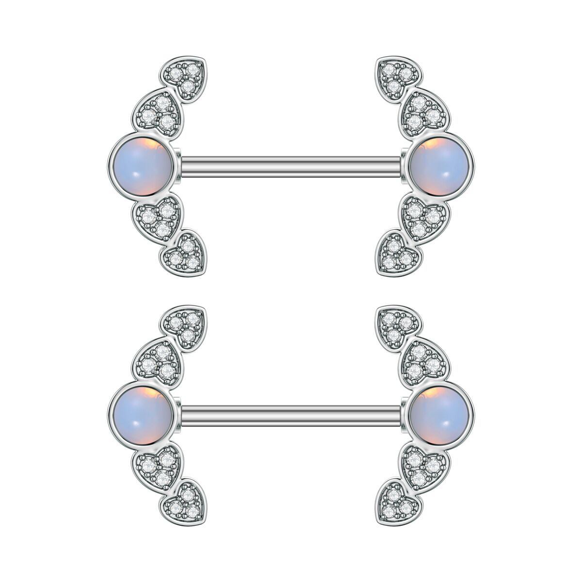 A matching pair of angelic style nipple barbells with iridescent simulated opals and shimmering crystal heart clusters, shown from the front.