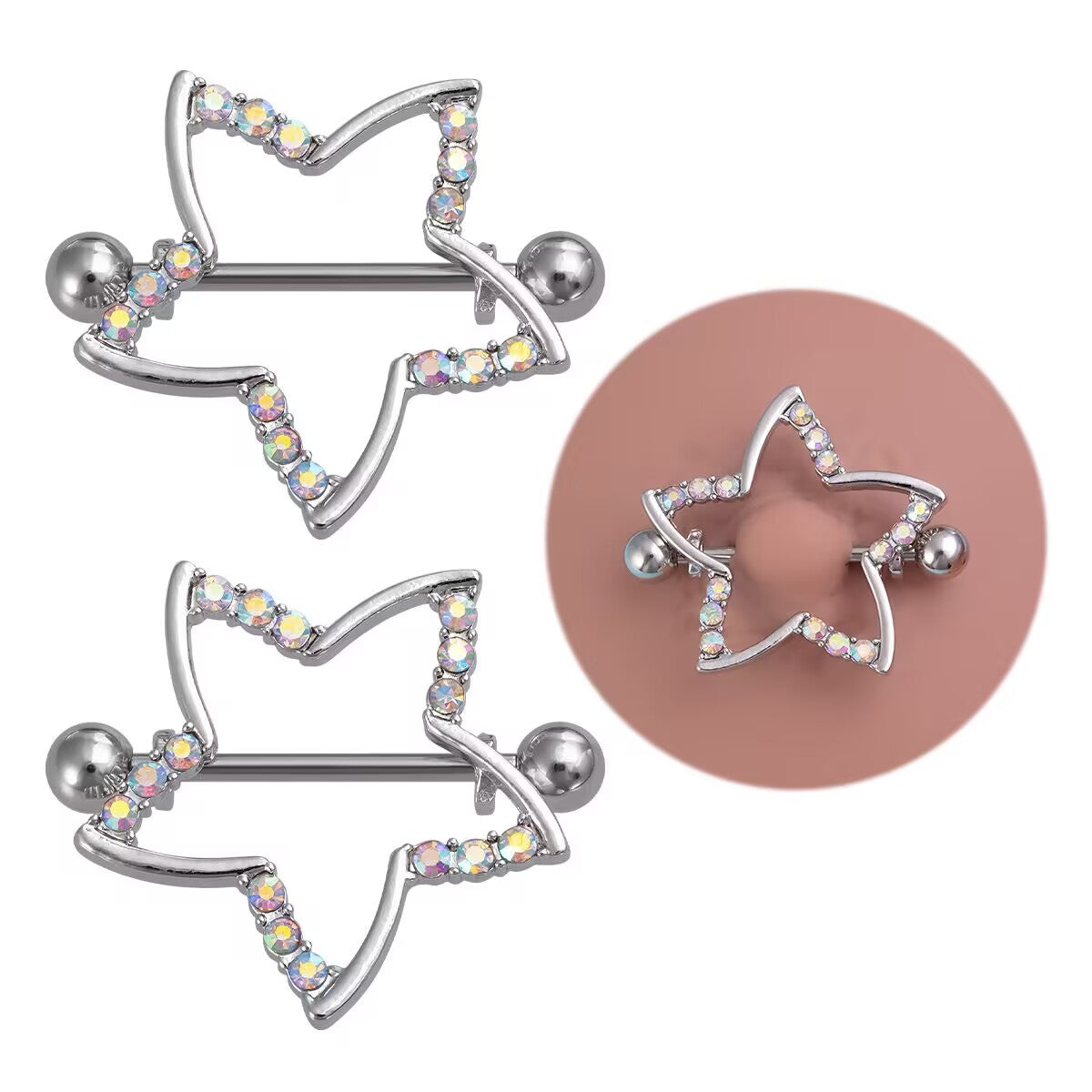 Iridescent AB crystal star nipple shield jewelry for a celestial look