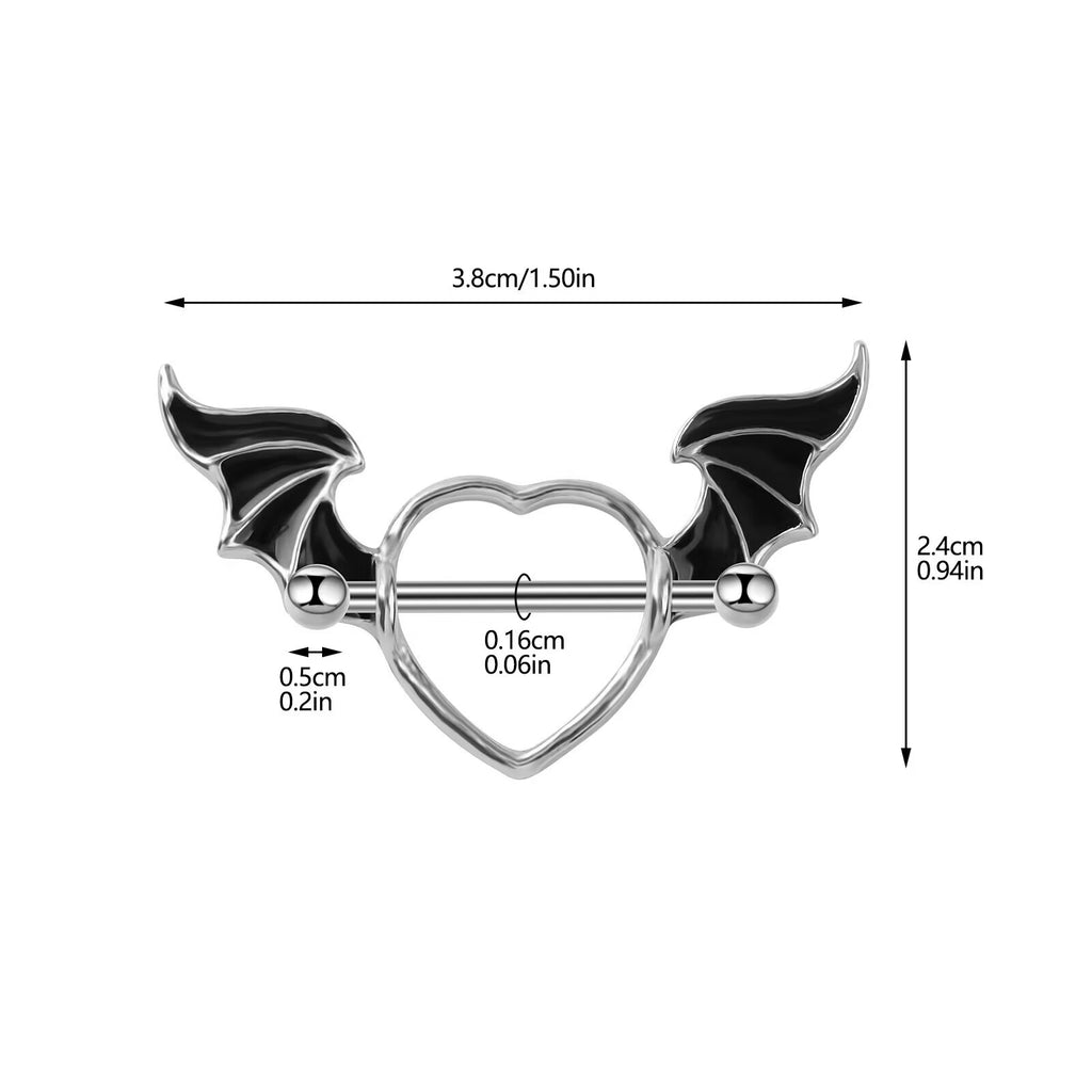 Detailed dimension chart for the bat wing nipple shield showing bar length and heart width.