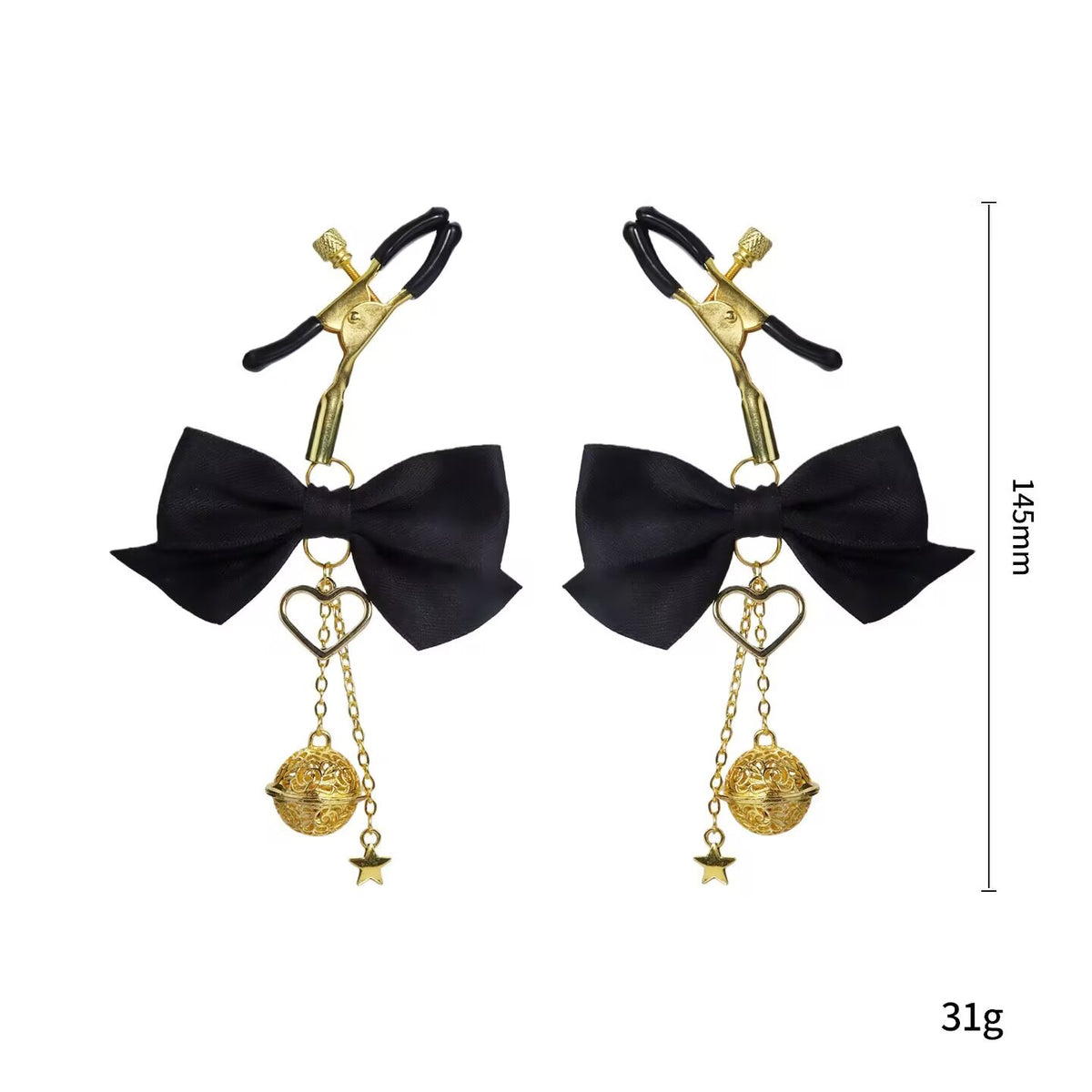 Elegant black bow clamps for sensual play with adjustable tension knobs.