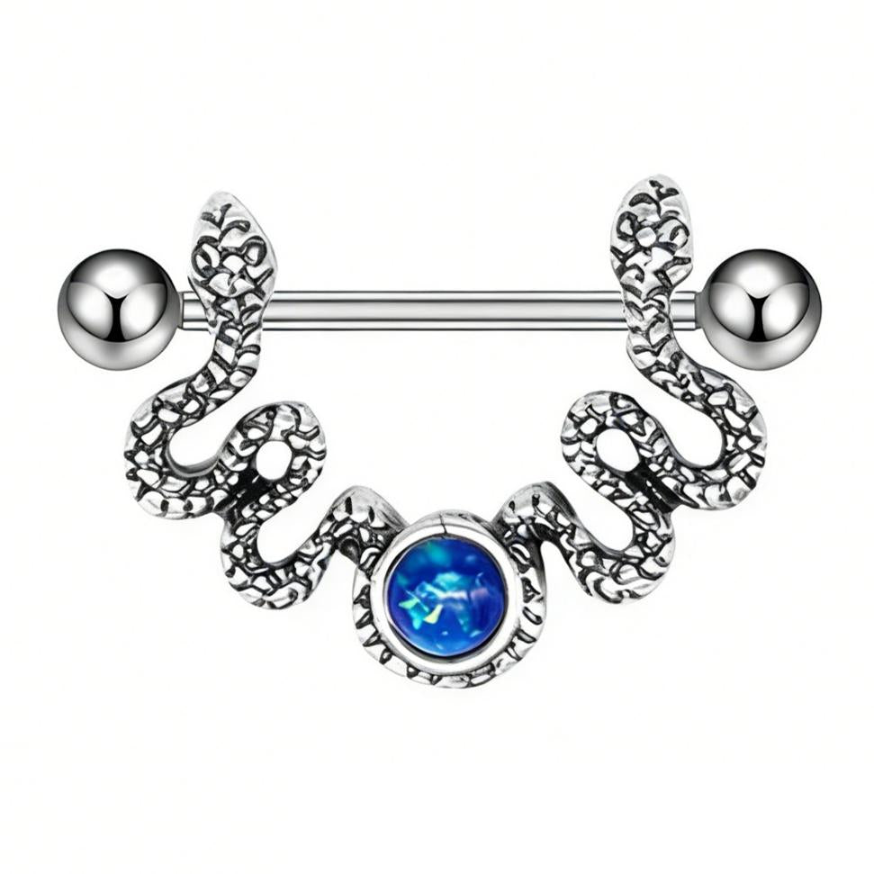 Direct front view of a gothic style snake nipple shield jewelry.