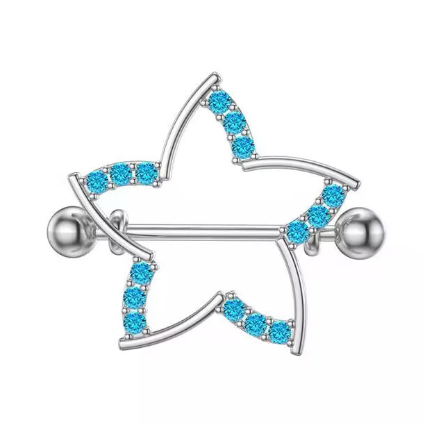 Close-up of a silver star nipple shield with blue crystals