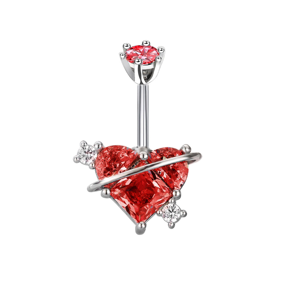 A vibrant red heart-shaped gem planet navel ring with silver accents and tiny side stones