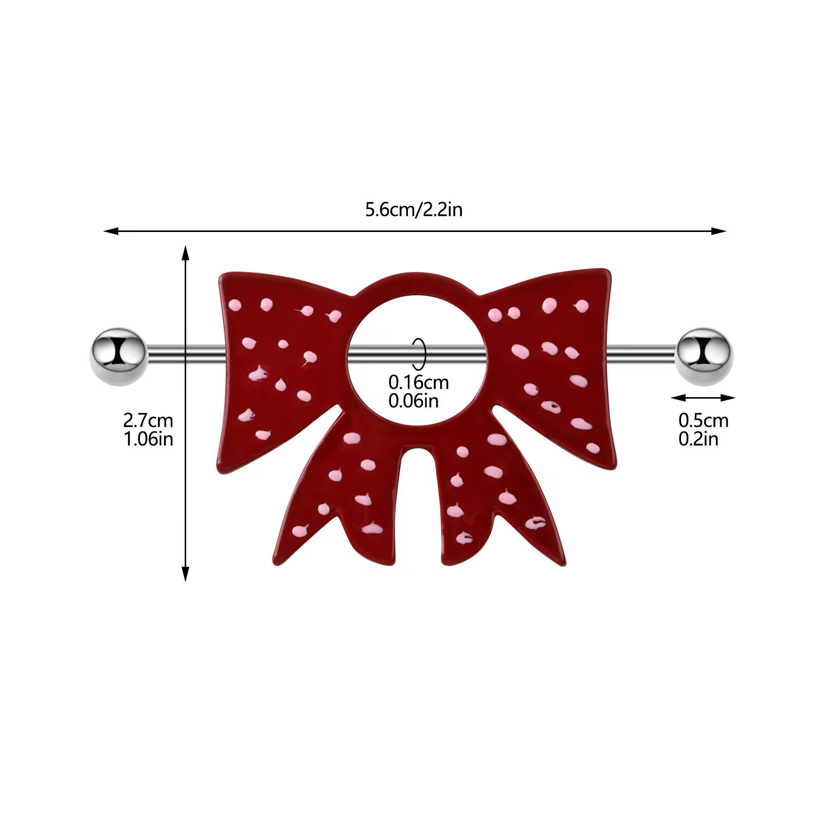 Dimension chart for bow nipple jewelry showing 14G bar and 5.6cm total length
