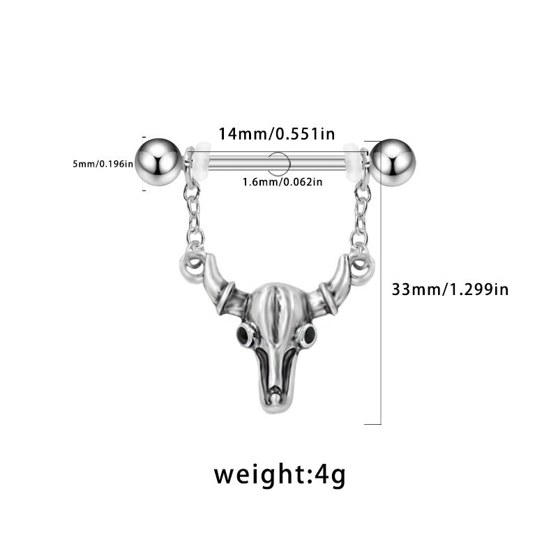 Detailed dimensions of the bull skull nipple ring showing 14mm bar length and 1.6mm gauge thickness