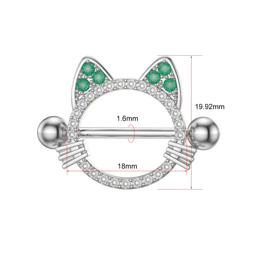 Detailed size chart for cat nipple jewelry showing 1.6mm gauge and 18mm bar length.
