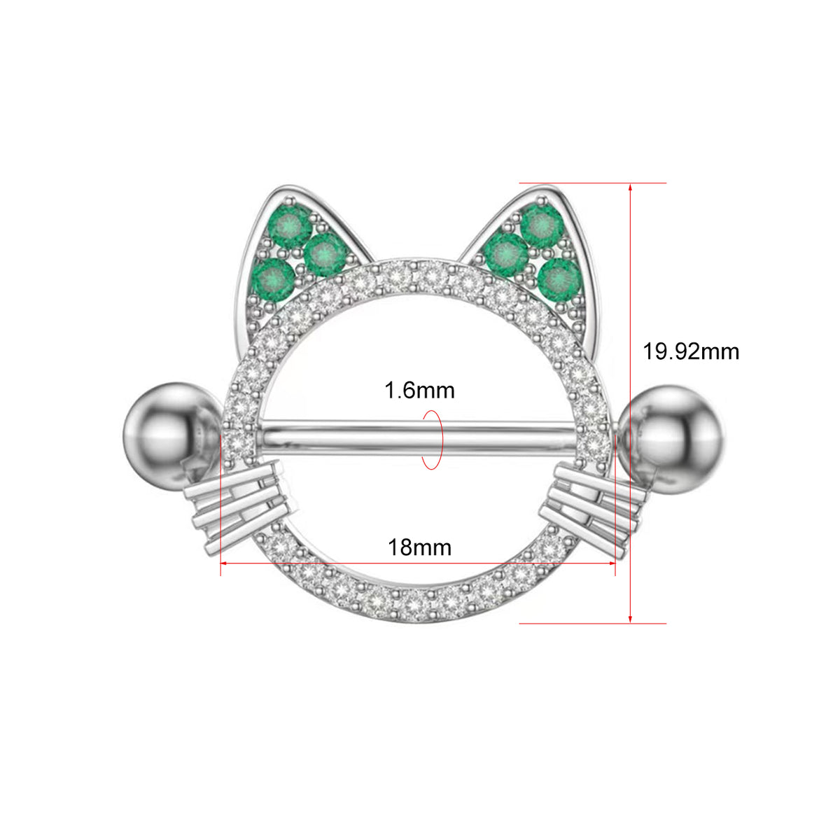 Detailed size chart for cat nipple jewelry showing 1.6mm gauge and 18mm bar length.