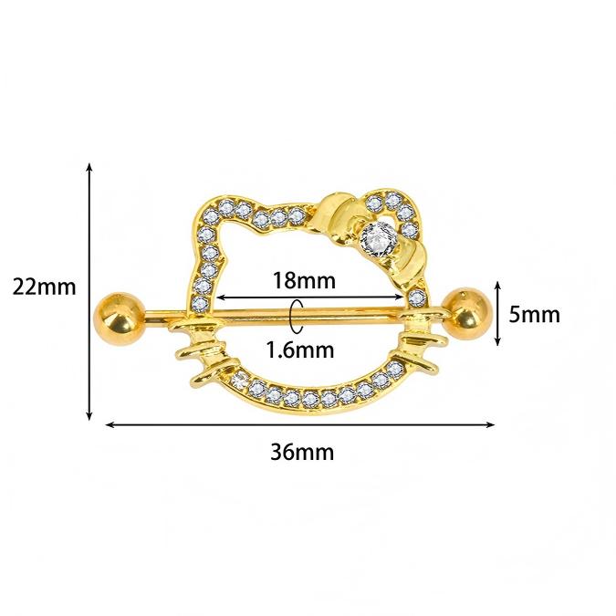 Detailed size chart for cat nipple shield showing 18mm bar length, 1.6mm gauge, and 36mm width.