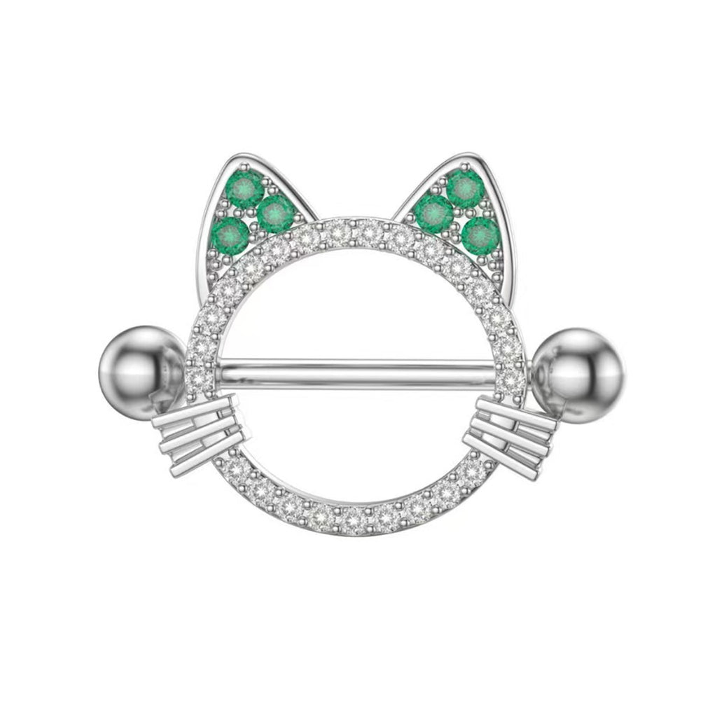 Front view of a silver cat-shaped nipple shield with green ear accents and clear crystals.