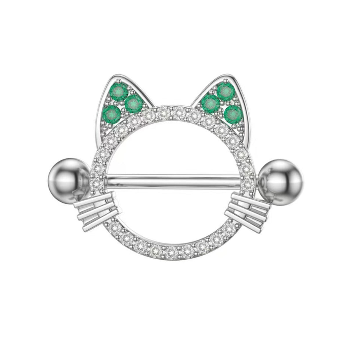 Front view of a silver cat-shaped nipple shield with green ear accents and clear crystals.