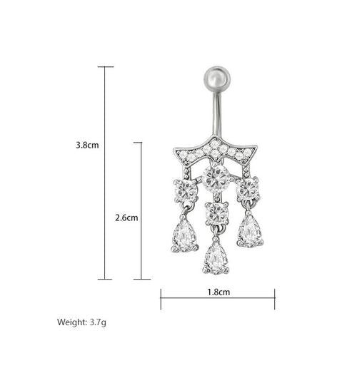 Dimensional size guide for the multi-drop chandelier belly piercing jewelry.