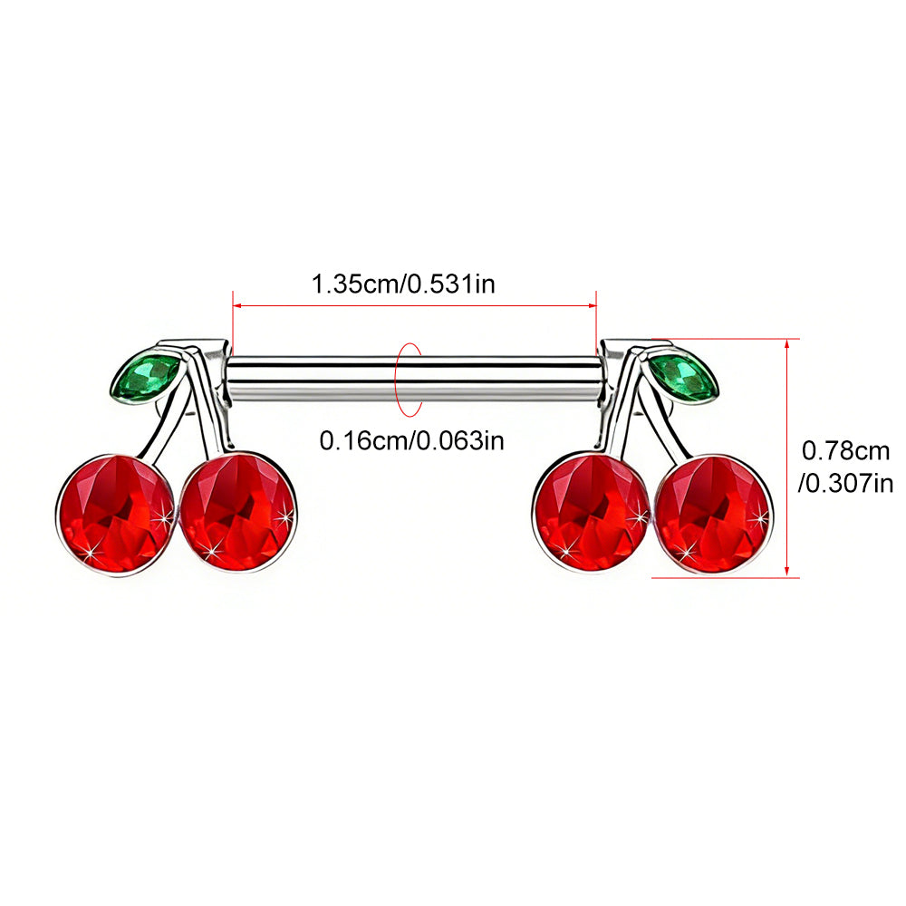 Technical dimension chart for cherry nipple barbell showing bar length and gauge.