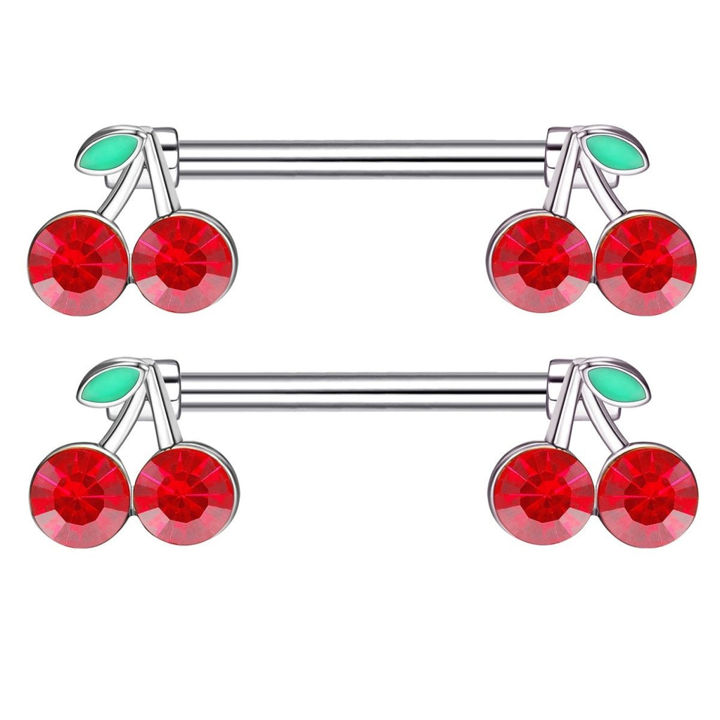 Two pairs of fruit-themed cherry nipple shield jewelry for alternative fashion.
