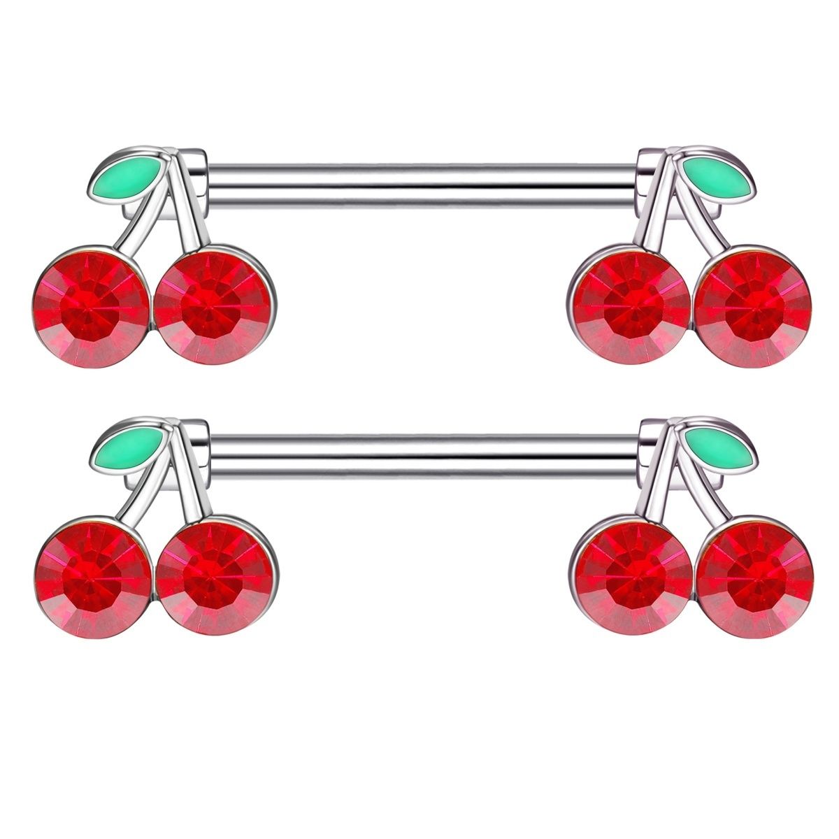 Two pairs of fruit-themed cherry nipple shield jewelry for alternative fashion.