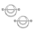 A pair of symmetrical circular nipple barbells with brilliant clear white stones.