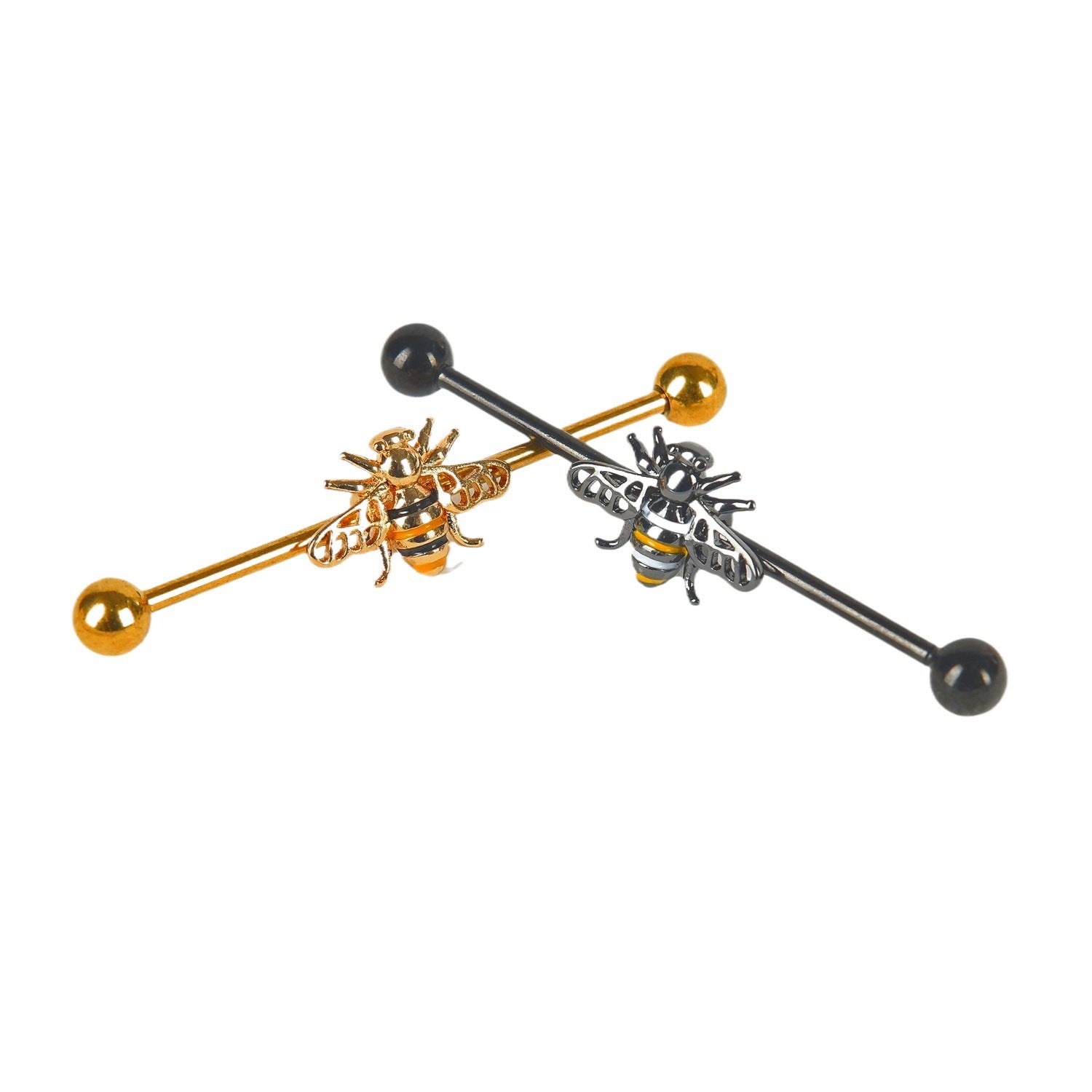 Gold and black honeybee industrial bars crossed over each other on a pure white background