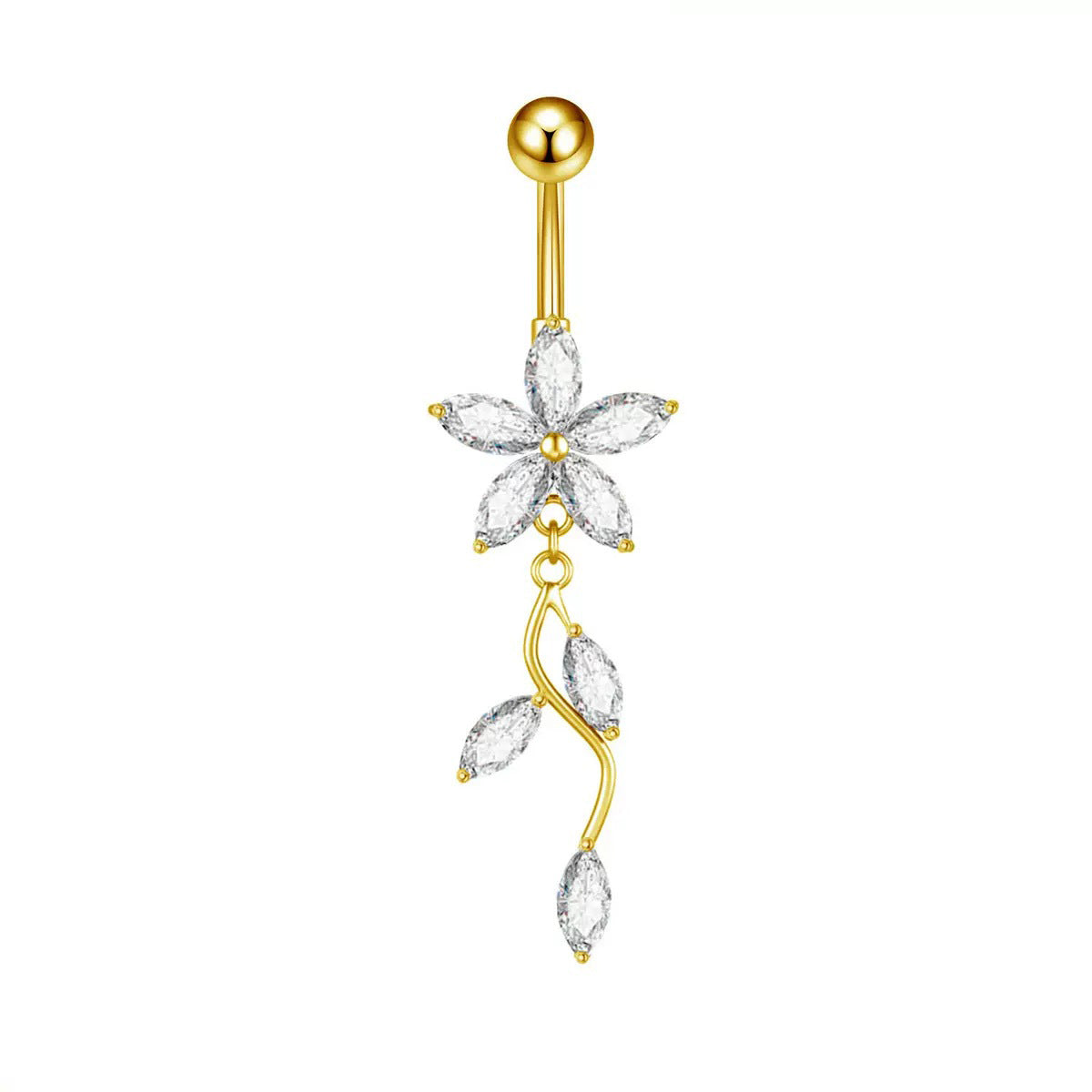 Gold-plated dangling navel ring showcasing a brilliant marquise crystal flower with a curved dangling leaf vine charm
