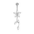 Silver-toned dangle belly button ring featuring a five-petal crystal flower and a cascading leaf vine charm against a white background