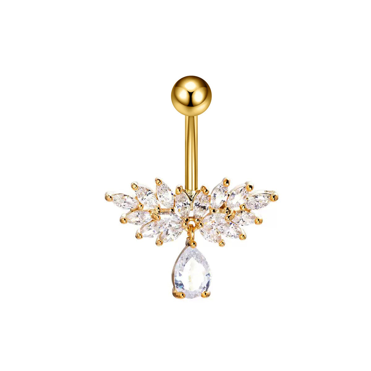Gold-plated wings navel jewelry holding a large sparkling tear-drop crystal, ideal for summer and beach fashion