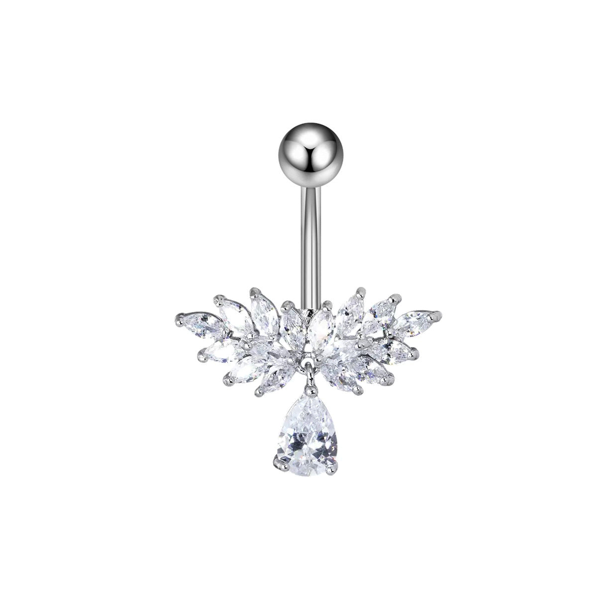 Silver chandelier-style belly ring with an elaborate spread of crystal marquise wings and a dangling pear cut teardrop stone