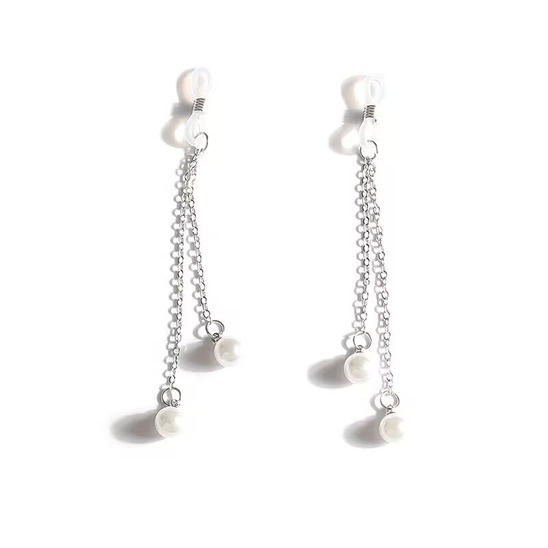 A pair of dainty non-piercing nipple chains with double-strand silver-colored chains and white faux pearl dangles on a clean white background.