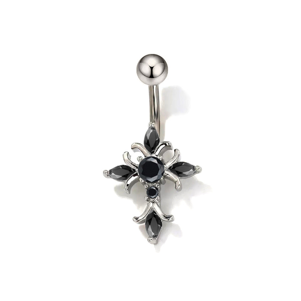 Gothic style silver navel barbell with a cross dangling pendant inlaid with mysterious black marquise stones