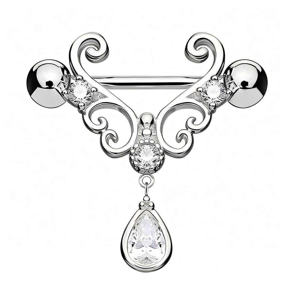 Front view of a polished filigree nipple shield featuring sparkling round and pear-shaped accents