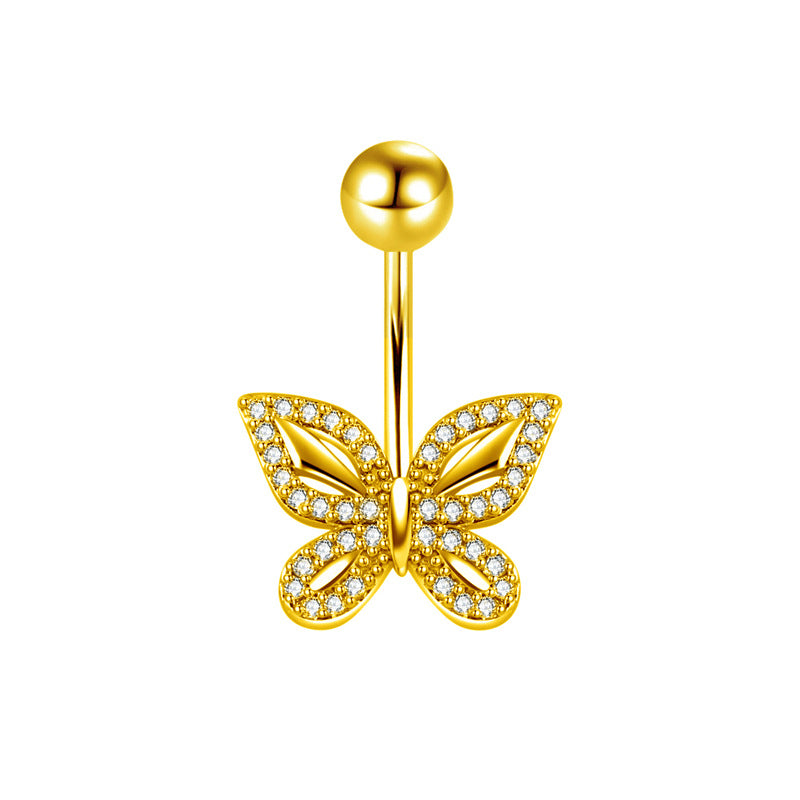 An elegant gold-toned butterfly belly button ring with brilliant crystal-accented wings on a curved piercing bar, isolated on a clean white background