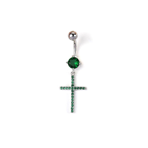 A curved navel piercing ring with a sparkling round green gem and a matching green rhinestone cross dangle on a sleek silver-tone setting