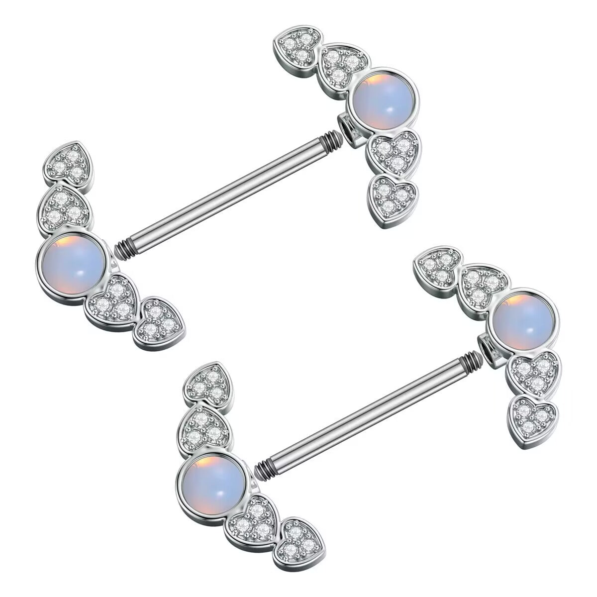 Side angle of a pair of nipple piercing jewelry showing the externally threaded straight bar and detachable decorative heart-shaped ends.