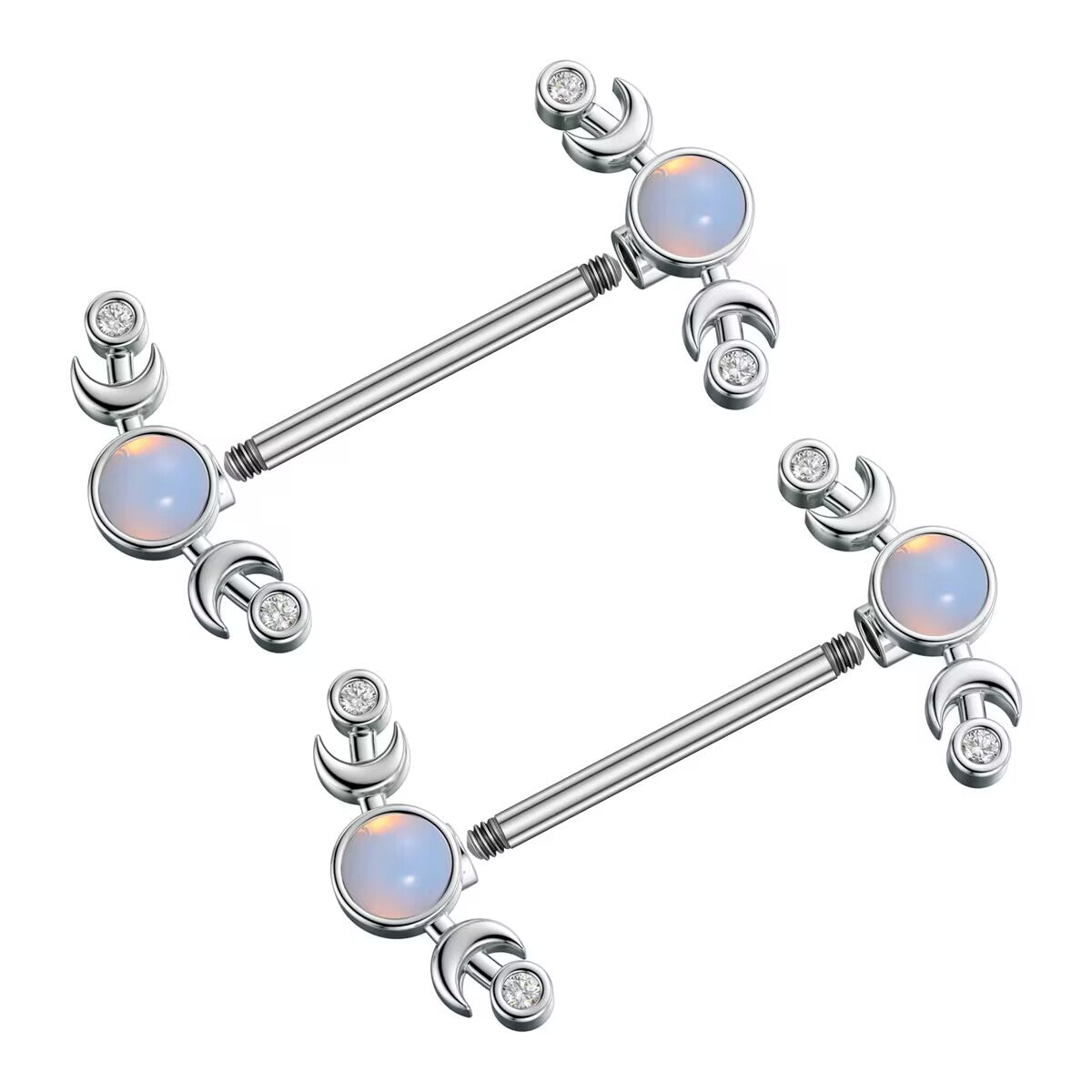 Two pieces of crescent moon piercing barbells showing the external threading on the bar ends and the detachable decorative ends.