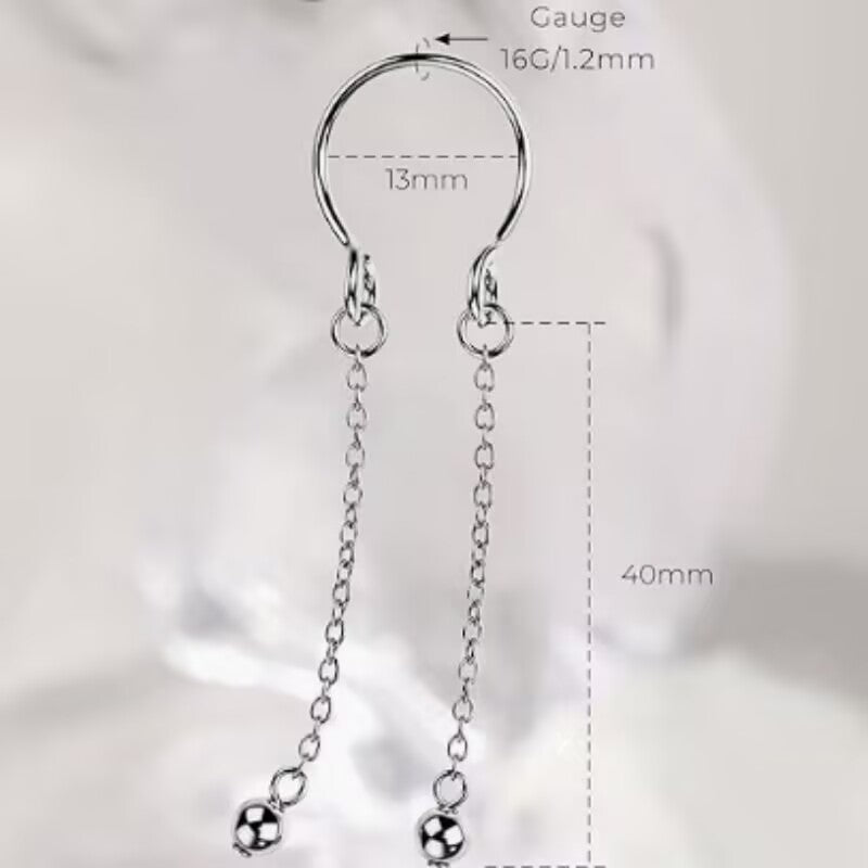 Product specification and size diagram of a non-piercing nipple chain, showing a visual 16G (1.2mm) gauge look, a 13mm adjustable cuff inner diameter, and a 40mm long dangle chain.