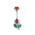 Curved belly button ring in silver tone featuring a blooming flower design with a red teardrop crystal and green marquise leaf gemstones