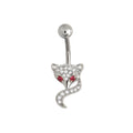 Silver fox belly button ring with sparkling crystal pave head, curved tail, and vibrant red gemstone eyes on a curved barbell