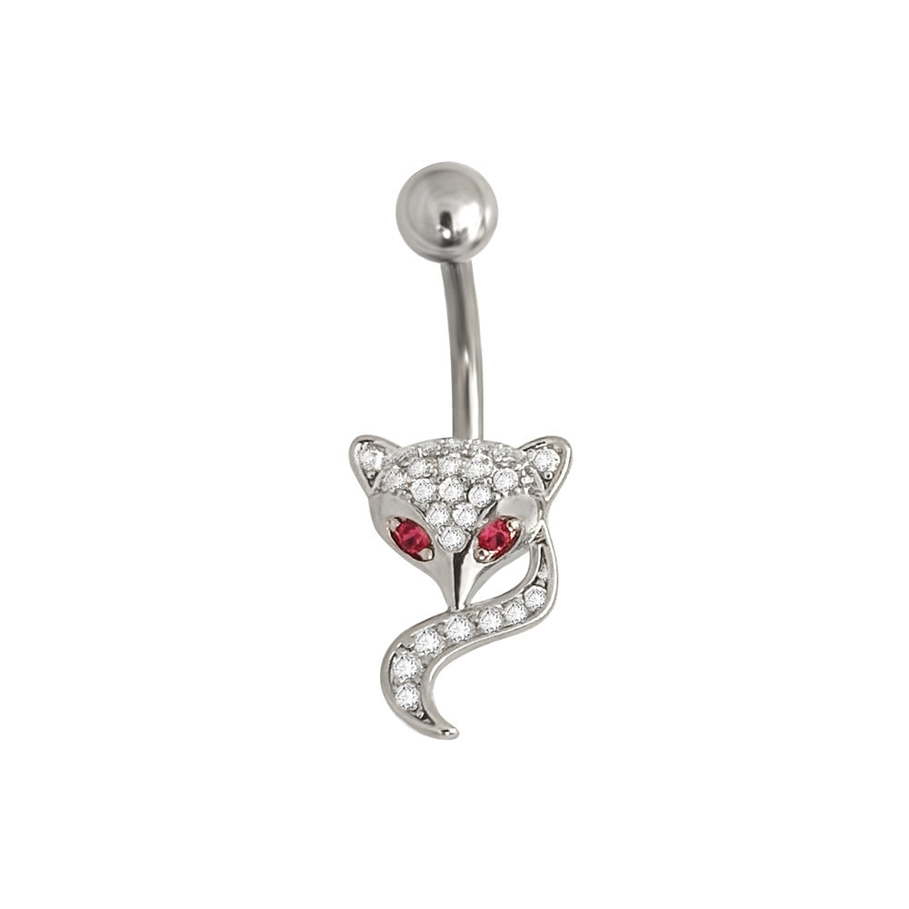 Silver fox belly button ring with sparkling crystal pave head, curved tail, and vibrant red gemstone eyes on a curved barbell