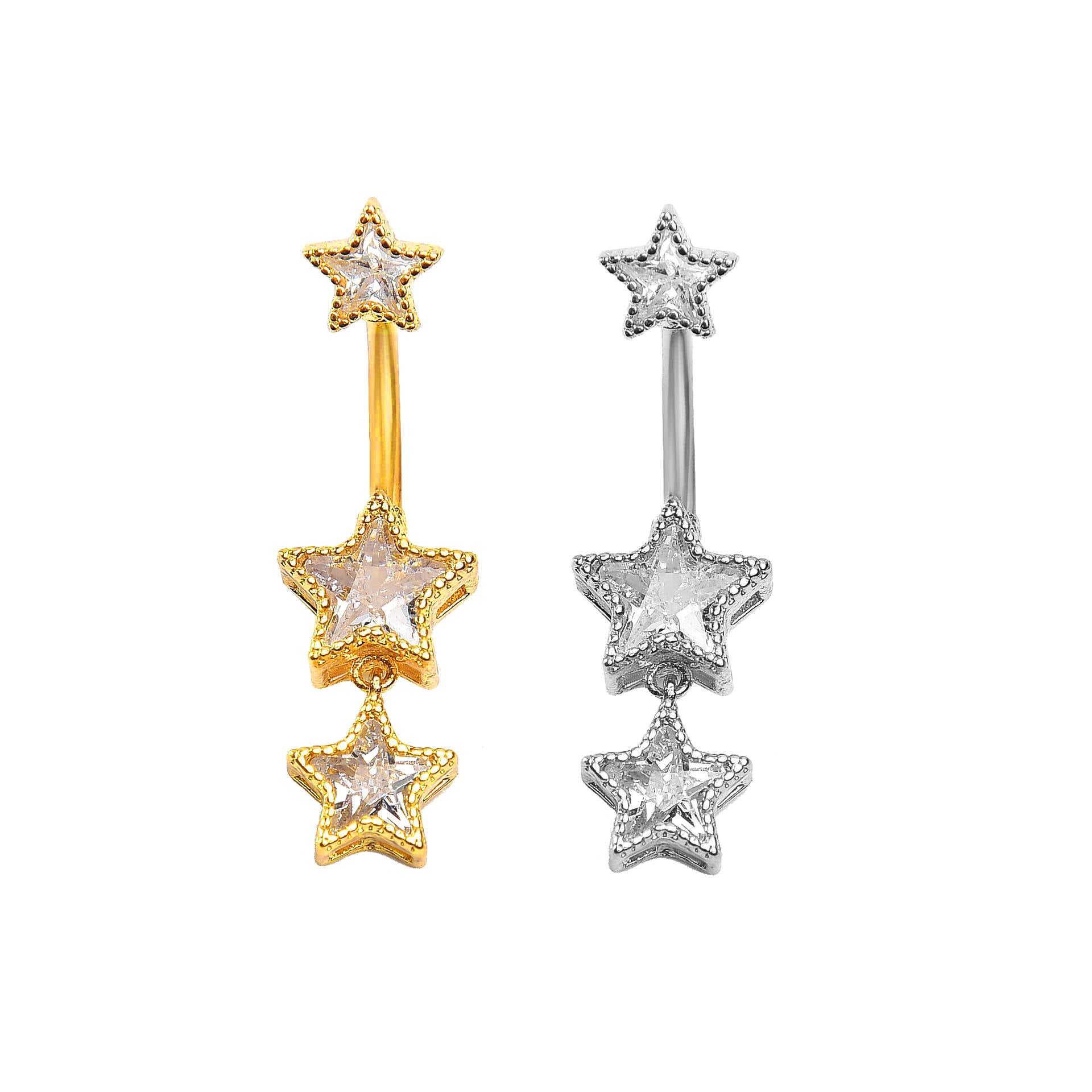 Gold and silver variants of the triple star dangle belly button ring side by side